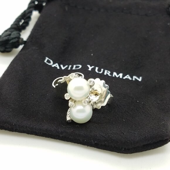 DAVID YURMAN 6mm Cable Classic Pearl Earrings in Sterling Silver w/ Diamonds 925 - Picture 1 of 8